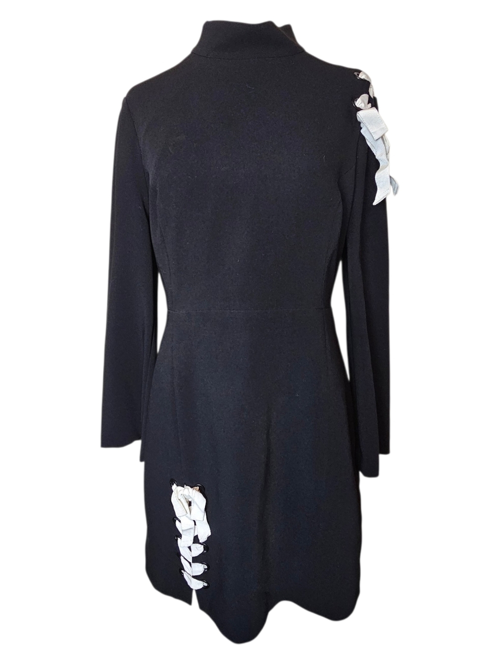 Cinq A Sept Izella Dress Size 10 Black Ribbon Lace-Up Long Sleeve Dark Coquette